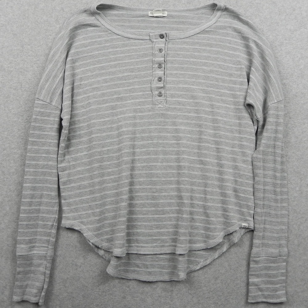 Billabong Henley Shirt Top Womens Small Waffle Knit Gray Striped Long Sleeve